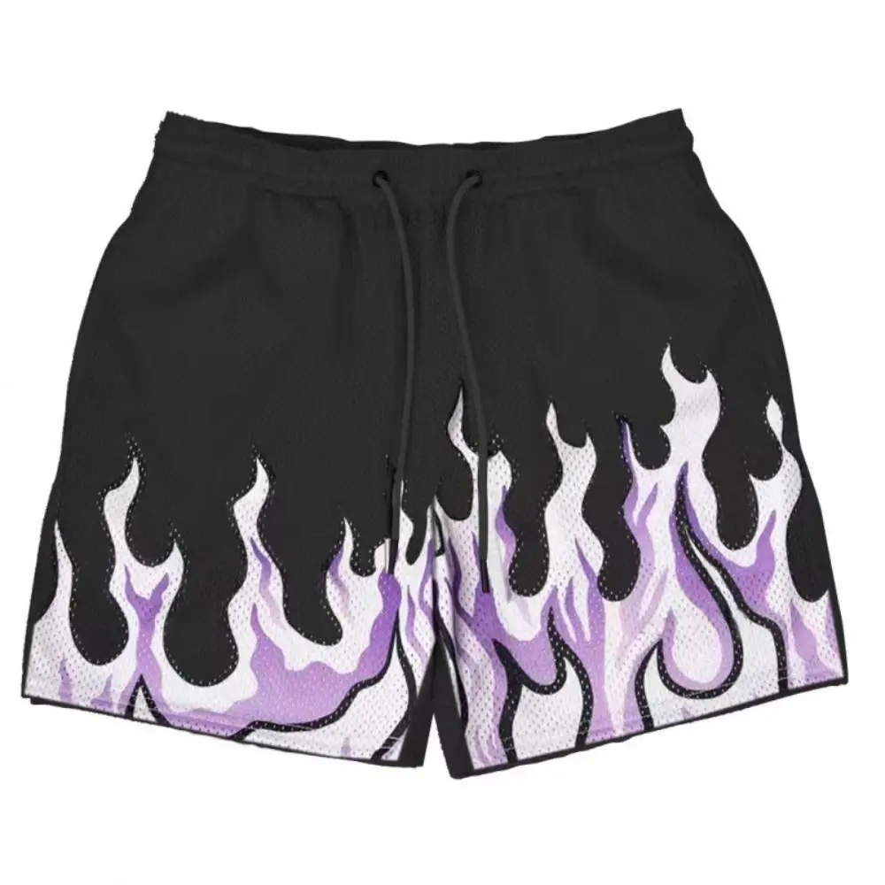 New Men\'s Mesh Short Summer Basketball Shorts With Cycling Mesh Shorts Unisex Fashion Fire Printed Trend Street Loose Shorts