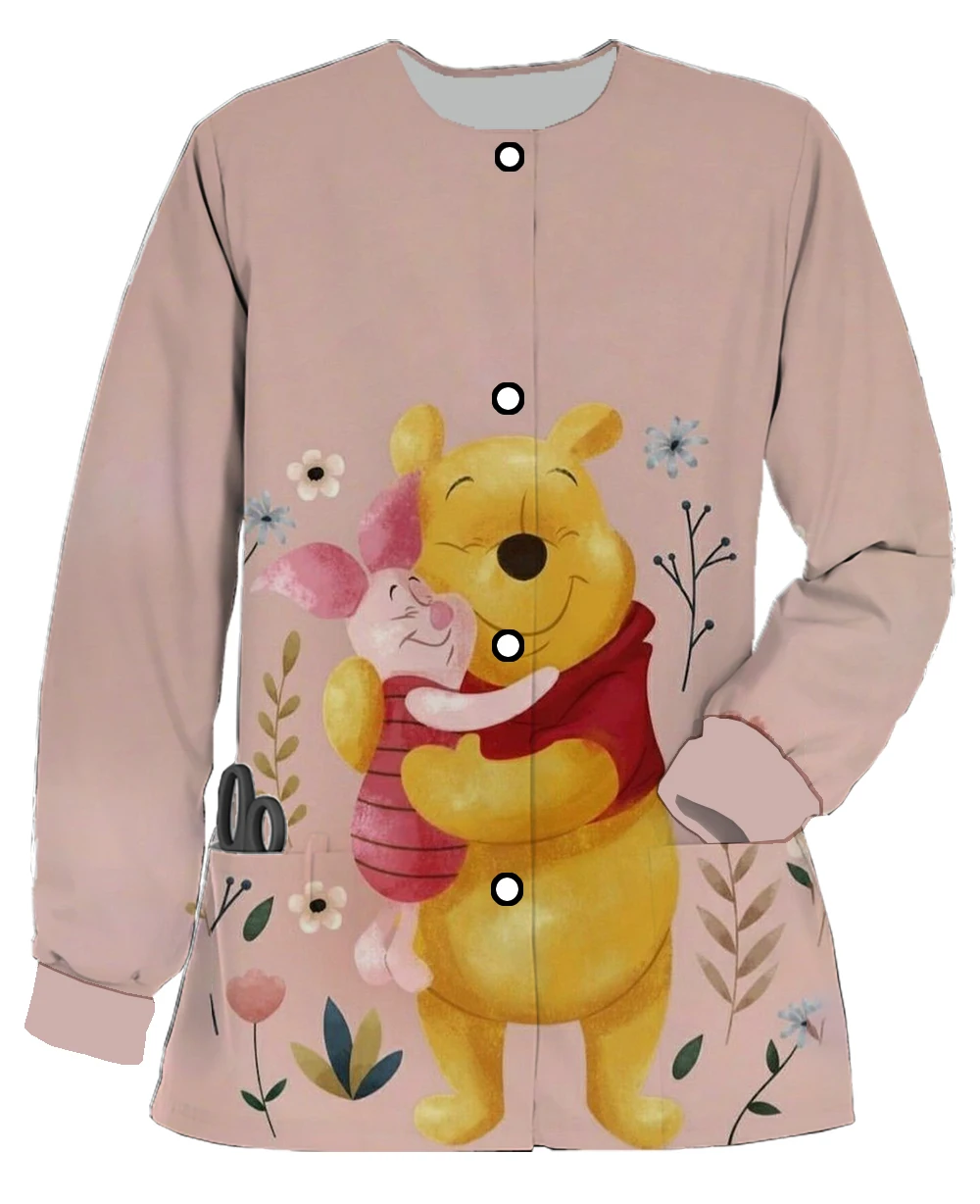 Winnie the Pooh girls' work clothes long-sleeved pocket cardigan printed loose and comfortable dental beauty salon nursing cloth