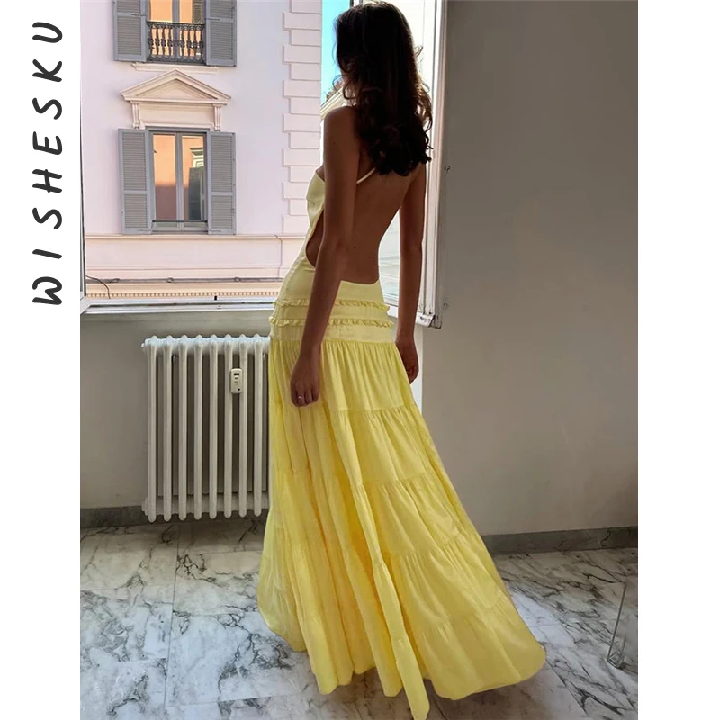 

Yellow Pleated One Shoulder Maxi Dress Women Sexy Backless Sleeveless Lace Up Long Robes Summer New Lady Evening Party Gowns