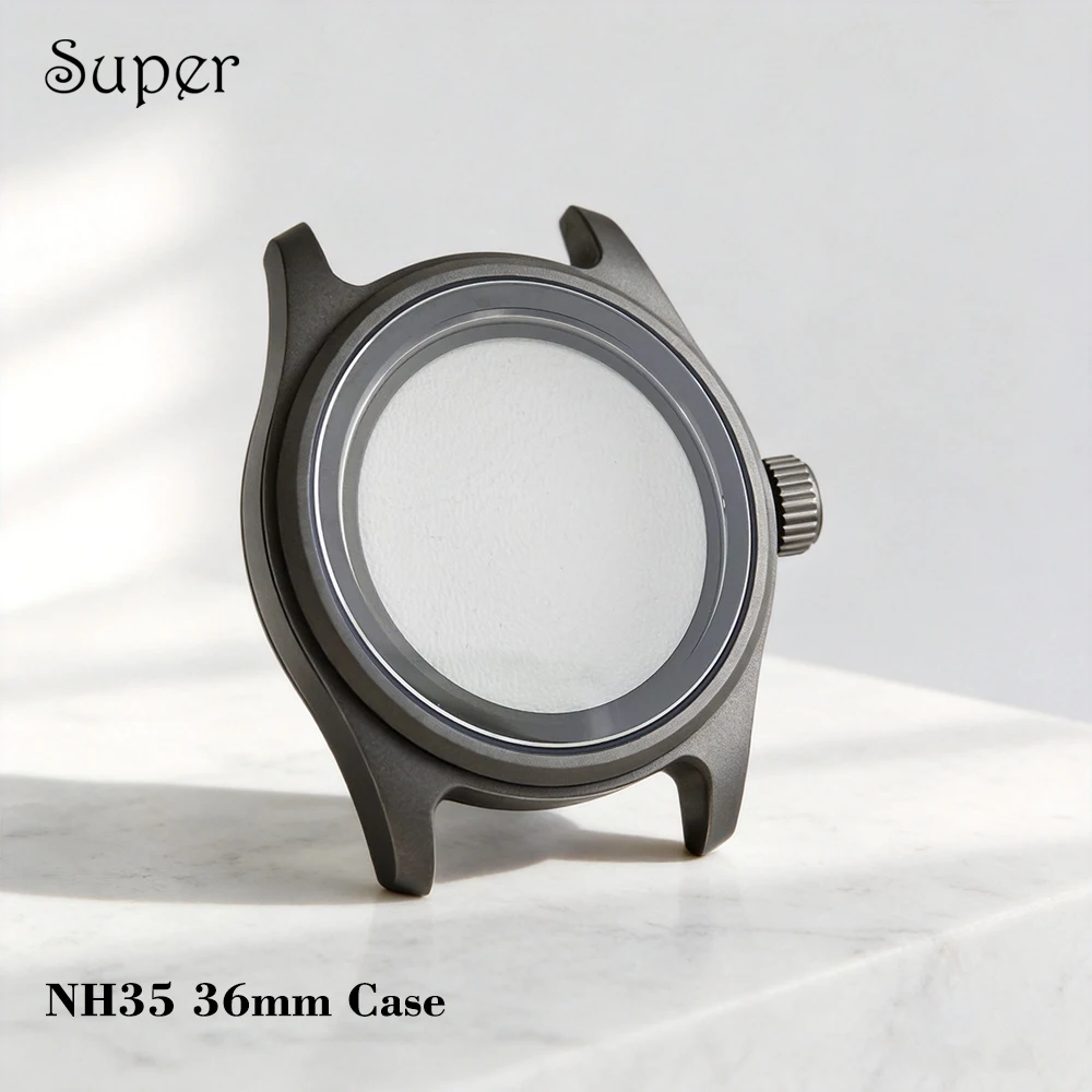 New NH35 36mm Titanium Alloy Gray Pilot Watch Case Suitable NH34/35/36/38 Automatic Movement 28.5~29mm Dial No Logo Glass Back