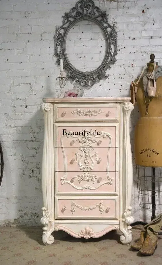 

4French Retro Distressed Five-Drawer Cabinet American Country Style Solid Wood Entryway Storage Drawer Cabinetlx