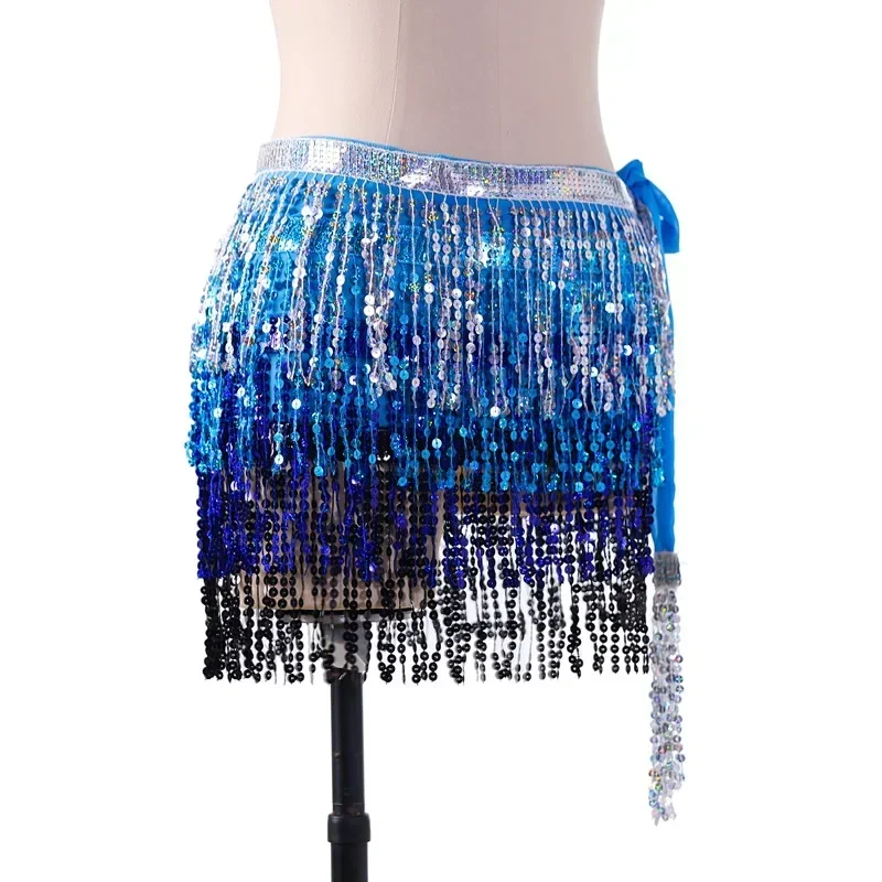 4 Layers Wave Hip Scarf Women Belly Dance Performance Costume Shine Sparkle Fringe Sequin Mini Skirt Wrap Belt Colorful New Gold