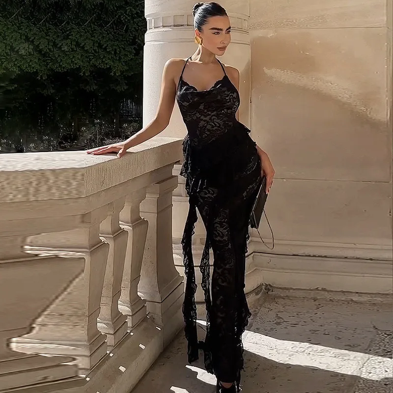 

Lace Irregular Ruffles Maxi Dress Women Summer Slim Bodycon Sheer Halter Sexy Dresses Lady Elegant Evening Party Long Dress 2025