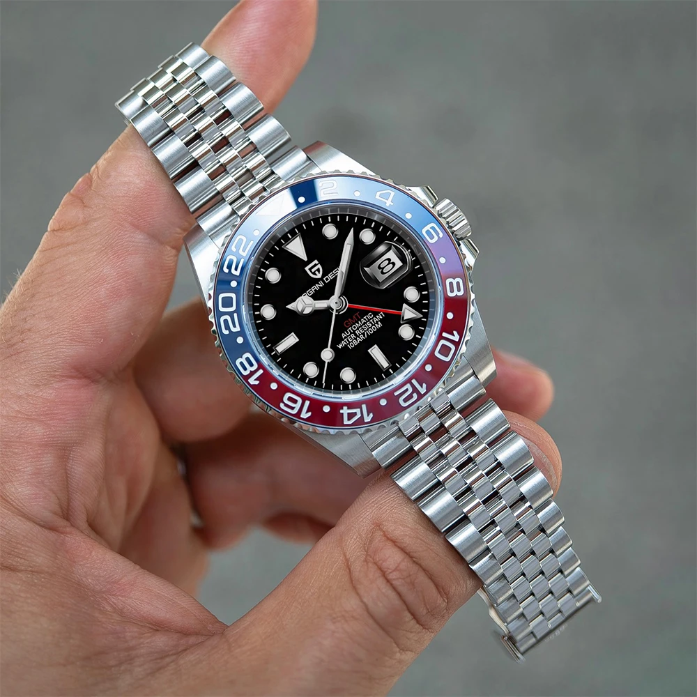2026 New PAGANI DESIGN diving Luxury Automatic mechanical watch GMT Pepsi Watch for Men Red Blue Bezel 100M Waterproof Luminous Stainless Steel Jubilee Bracelet Business Sport Reloj Hombre+GIFT BOX