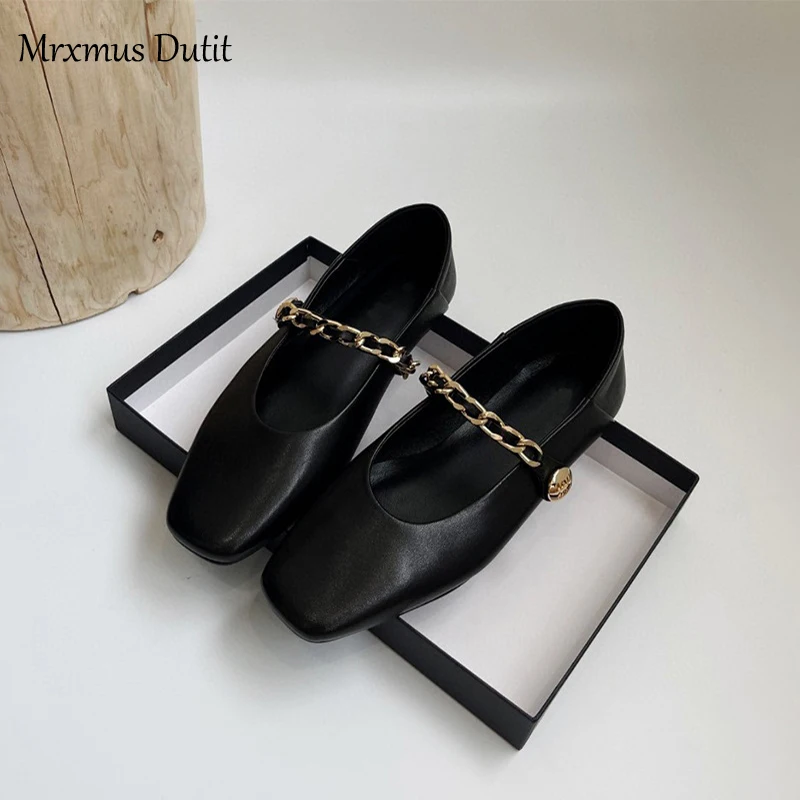 Mrxmus Dutit 2024 Autumn New Genuine Leather Flats Women Square Head Shallow Mary Jane Shoes Elegant Simple Versatile Female