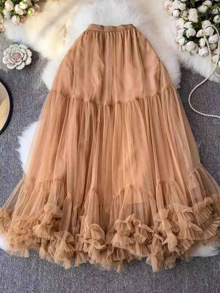 

REALEFT Fashion Patchwork Cake Mesh Skirts for Women 2026 Summer Spring New Solid Color Elegant Mid Length Women's A-line Skirts