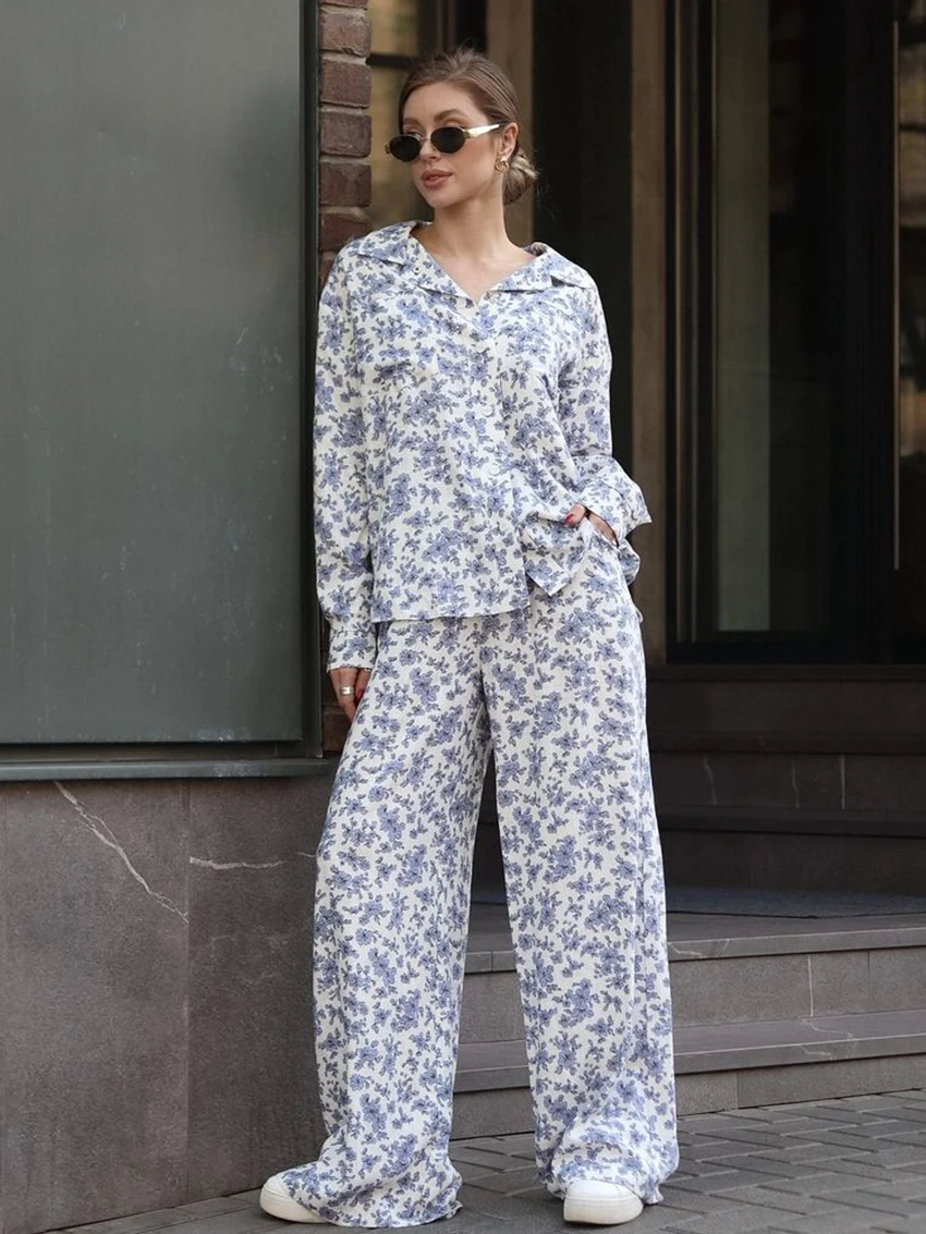 

Marthaqiqi Causal Printing Ladies Nightwear Set Long Sleeve Nightgown Turn-Down Collar Pajama Pants Femme Sleepwear 2 Piece Suit