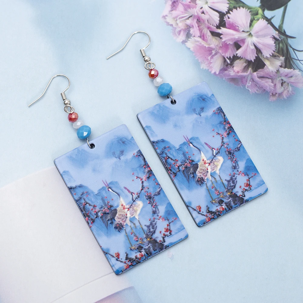 Fashion Crane Flower Mountain Relievo Print Blue Acrylic Earrings For Women Vintage Style Aesthetic Trend 2025 Elegant Jewelry