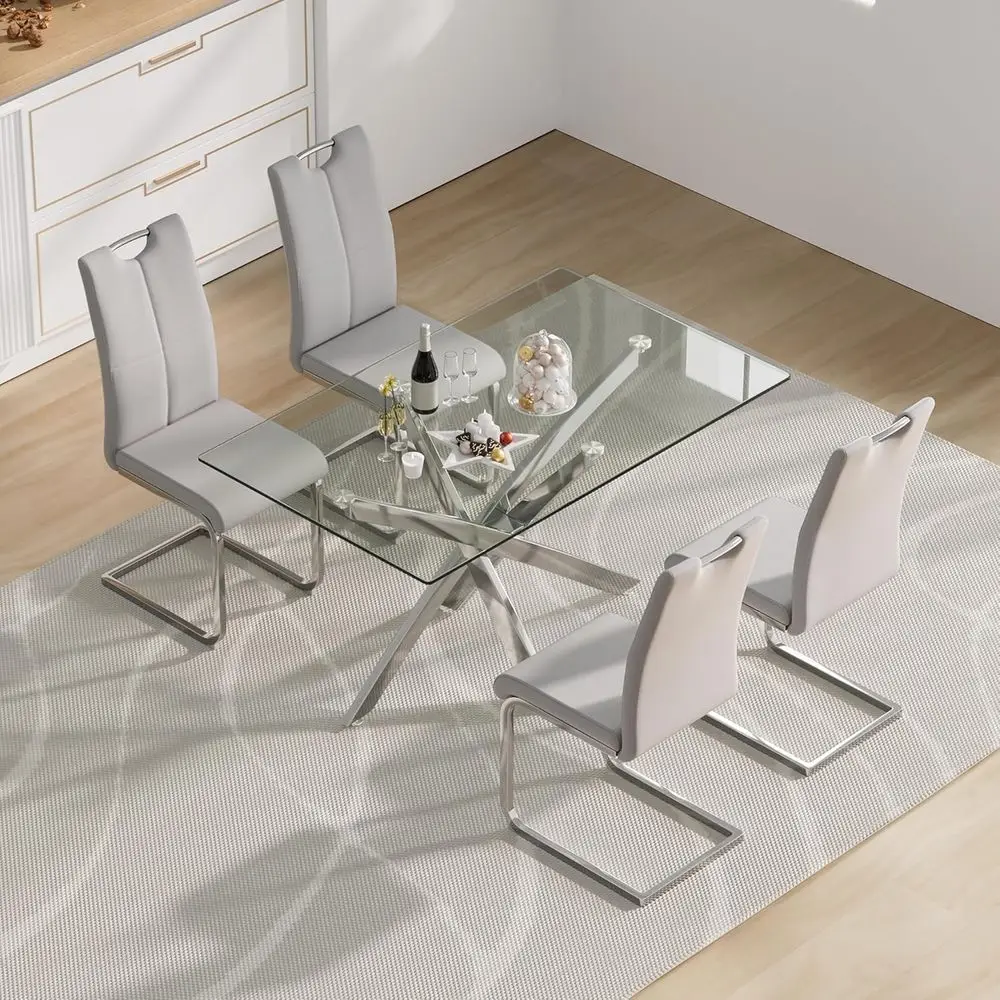Modern 5-Piece Dining Set with Rectangular Glass Table and 4 Light Grey PU Leather Chairs