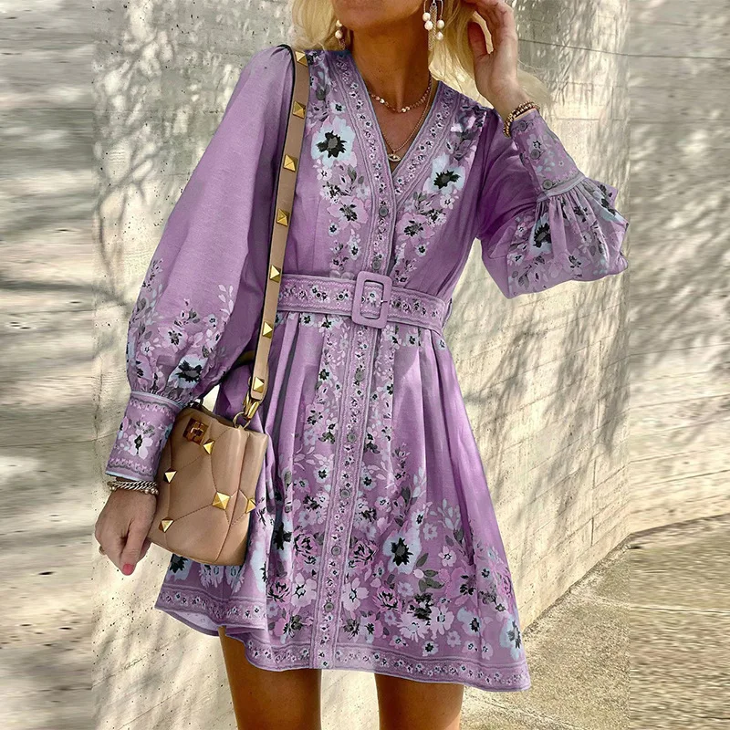 FD949 2023 Autumn New Women's Long Sleeve V-Neck Loose Printed Bohemian Dress