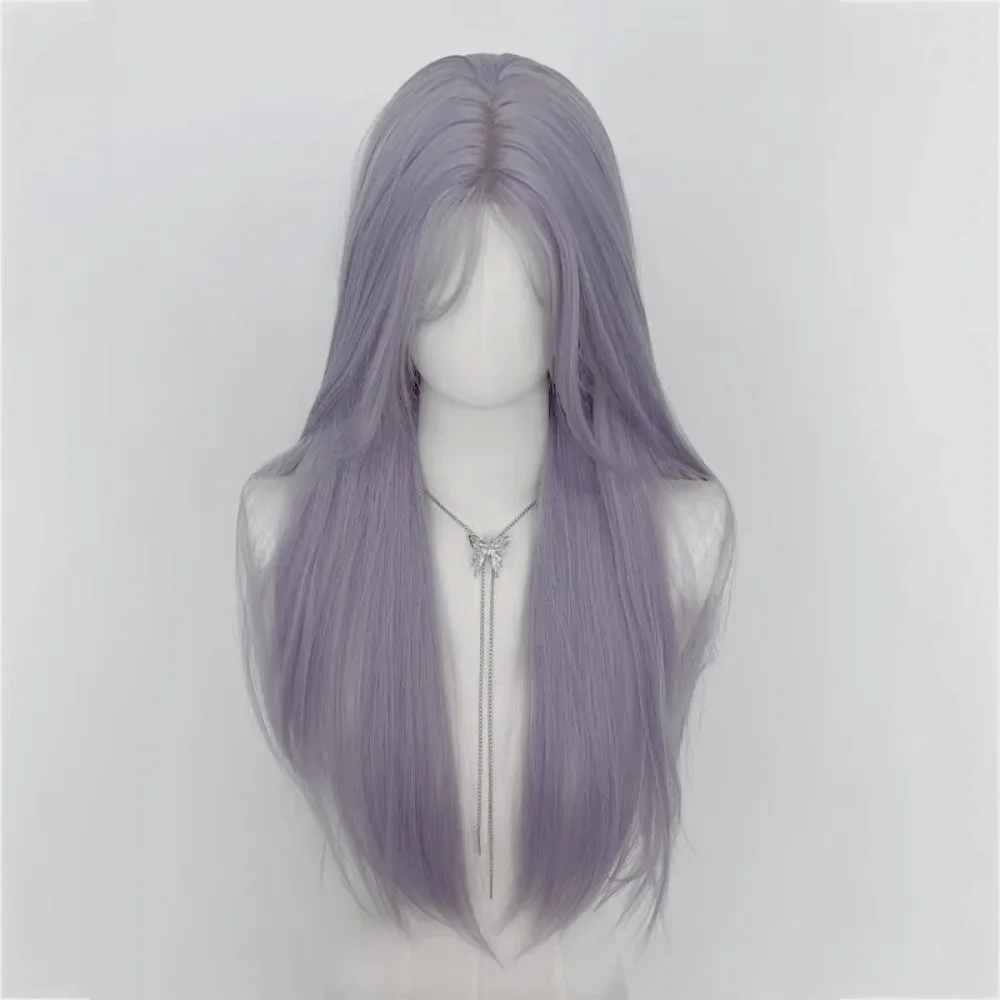 Wig for Women Lace Front Gray Purple Long Straight Hair Lolita Fashion Simulation Natural Headband Synthetic Wigs for Daily Use