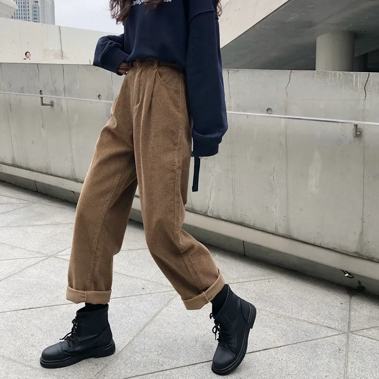 

Real shot 2024 autumn and winter retro lazy elastic waist corduroy casual pants women's small loose straight pants