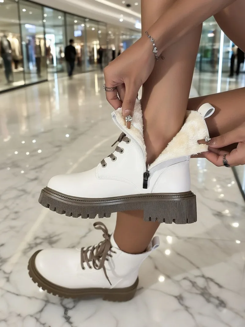 

Fashion Cotton Boots Winter New Round Toe Lace-Up Front Platform Side Zipper Anti-Slip Wear-Resistant Booties Plus Size 41 42