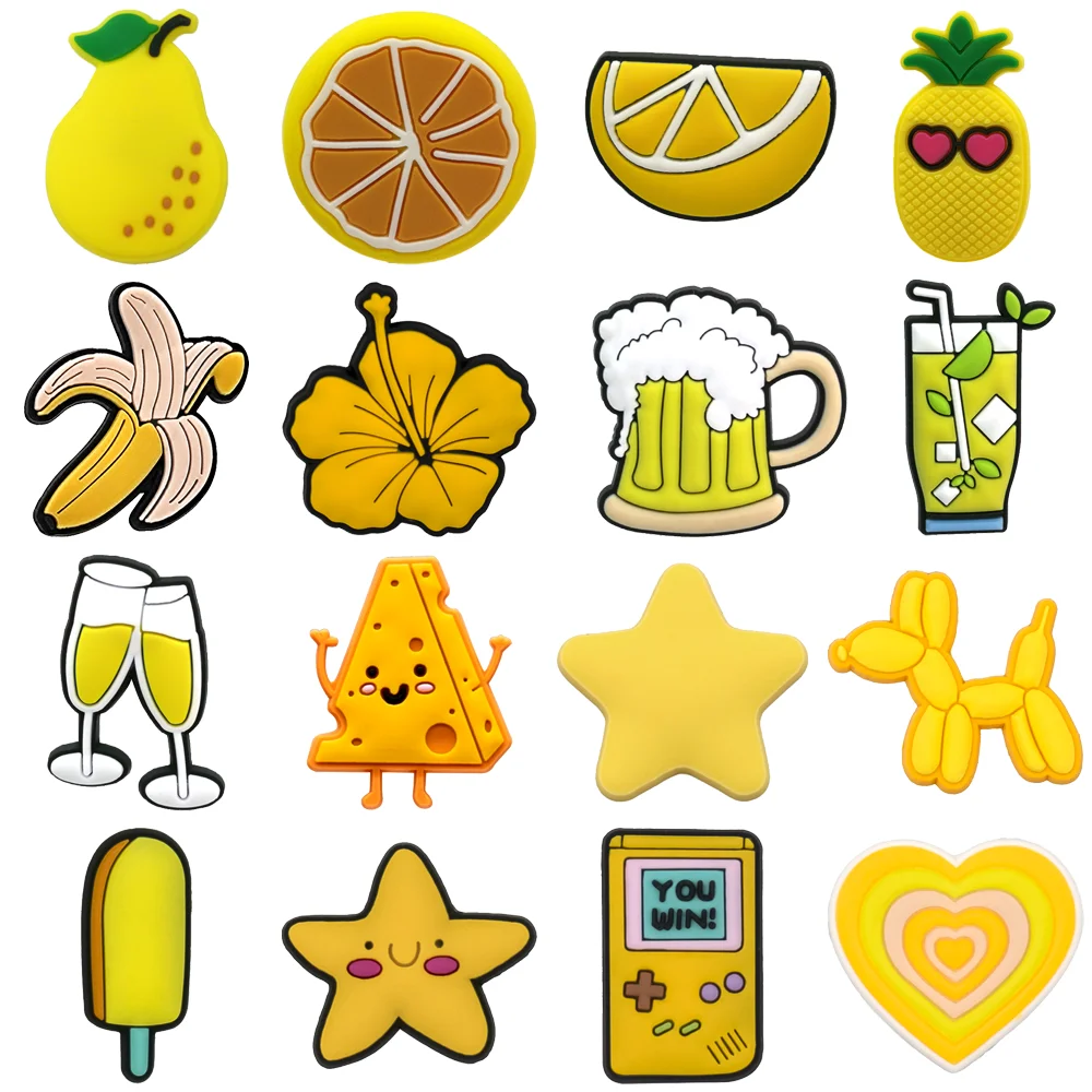 1-16PCS Cute Yellow Series Shoe Charms, Pineapple and Lemon Charms for Shoes, Star and Heart Sandals Clogs Buckles