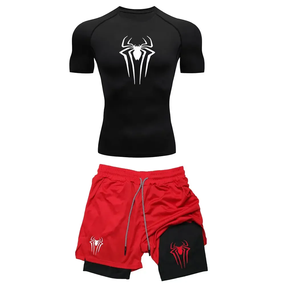 Compression training sportswear men's set, spider print running fitness T-shirt, breathable running shorts, quick drying exercis