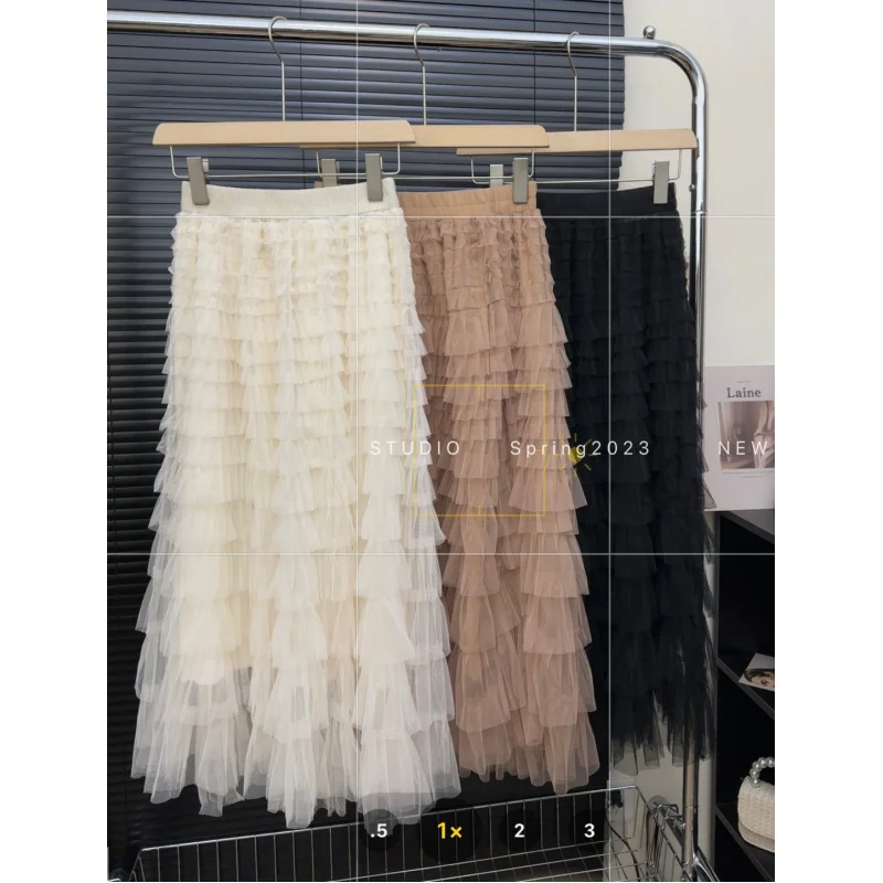 Qiu Moyao New Solid Color High Waist A- line Gauzy Cake Dress Design Atmosphere All-Match Small Skirt