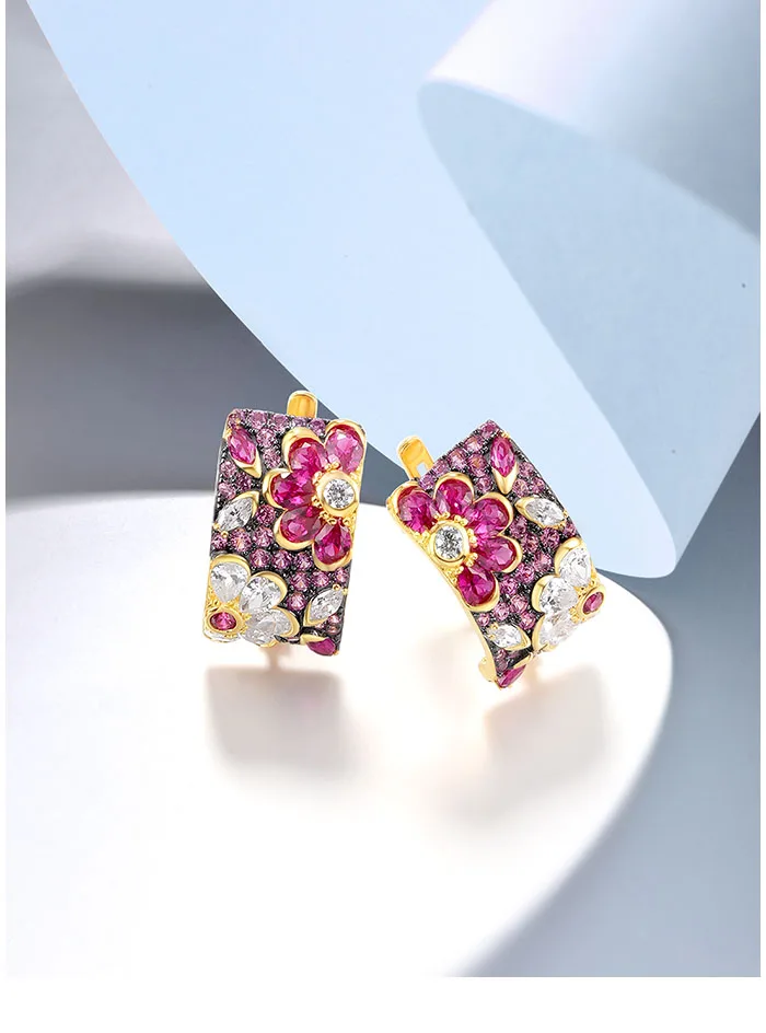 SANTUZZA 925 Sterling Silber Ohrringe für Damen, Funkelnder Schwarzer/Roter/Blauer Spinell, Mehrfarbige Blumen, Hochzeitsgeschenke, Edler Schmuck – Detail 9