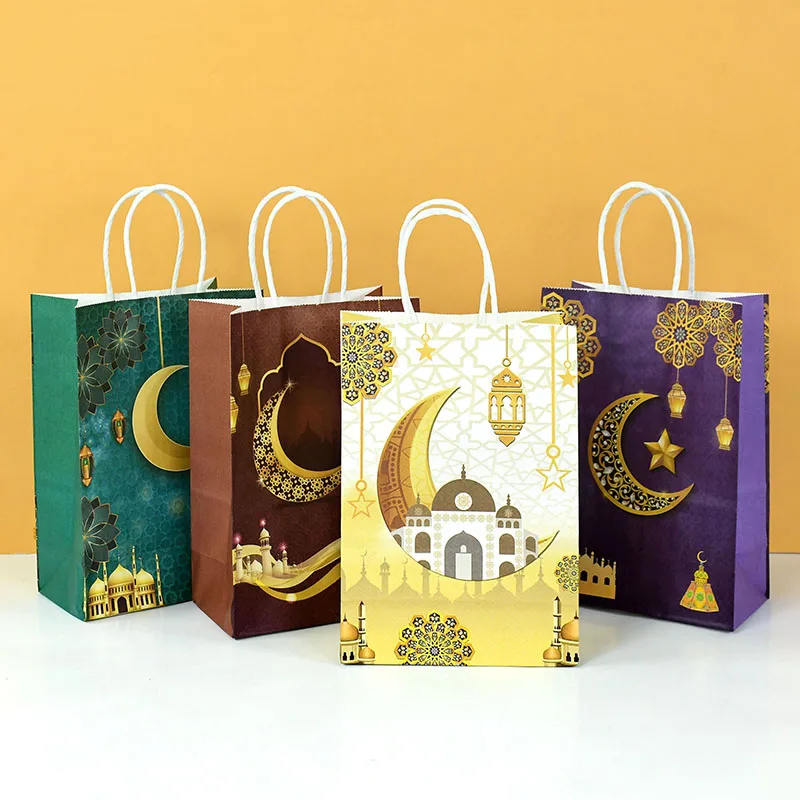 4Pcs Eid Mubarak Gift Bags Kraft Paper Cookies Candy Packaging Bag Ramadan Kareem Decoration Slamic Muslim Party Decor Supplies