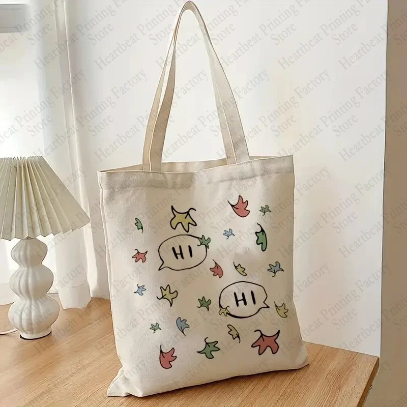 Hi Cartoon Leaves Pattern Canvas Shopping Bag Portable Maple Leaf Shoulder Bags Trendy Large Capacity Tote Bag for Daily Life