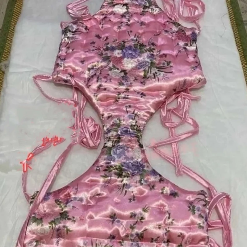 

Handmade Underpants Men Glossy Soft Floral Silky Touch Briefs Lace Up Waistband Filled Cotton Warm Puffy Panties Sexy Costume BF