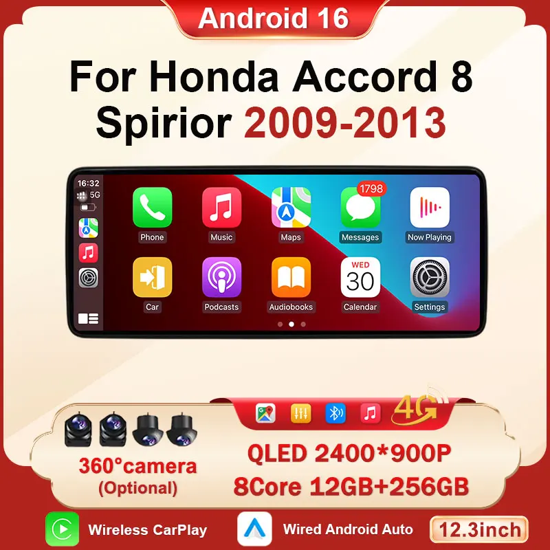 For Honda Accord 8 Spirior 2009-2013 12.3 Inch Android 16 Car Multimedia Wireless CarPlay Player GPS 4G WIFI Auto Stereo Radio