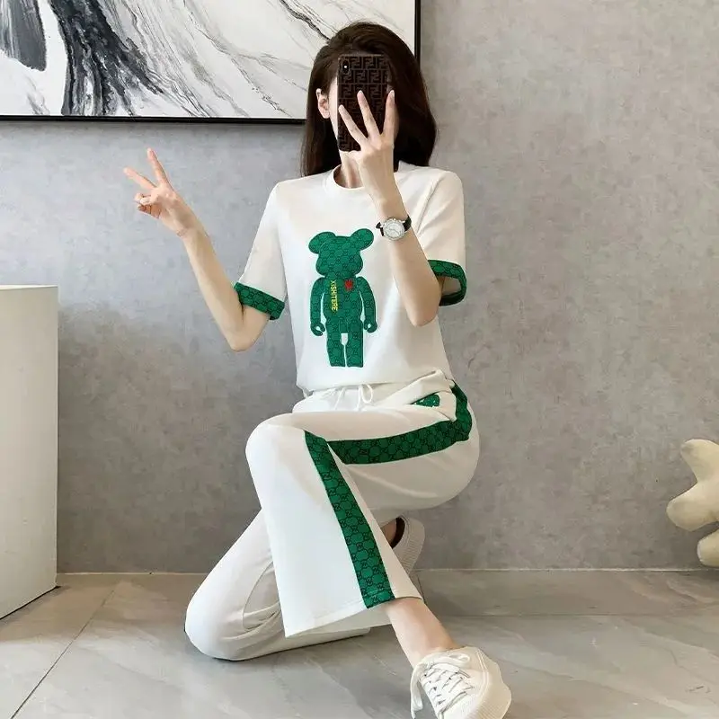 Women\'s Casual Korean Sweat Suits Spring Summer New Fashion Clothes Short Sleeved T-shirt Tops And Pants 2 Two Piece Sets Female