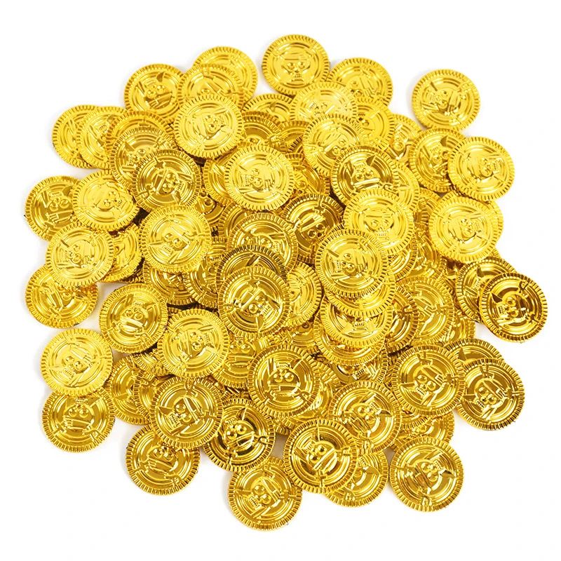 50/200Pcs Plastic Pirate Gold Coins Kids Birthday Party Decoration Favors Fake Coin Treasure Gift Halloween Cosplay Props Supply