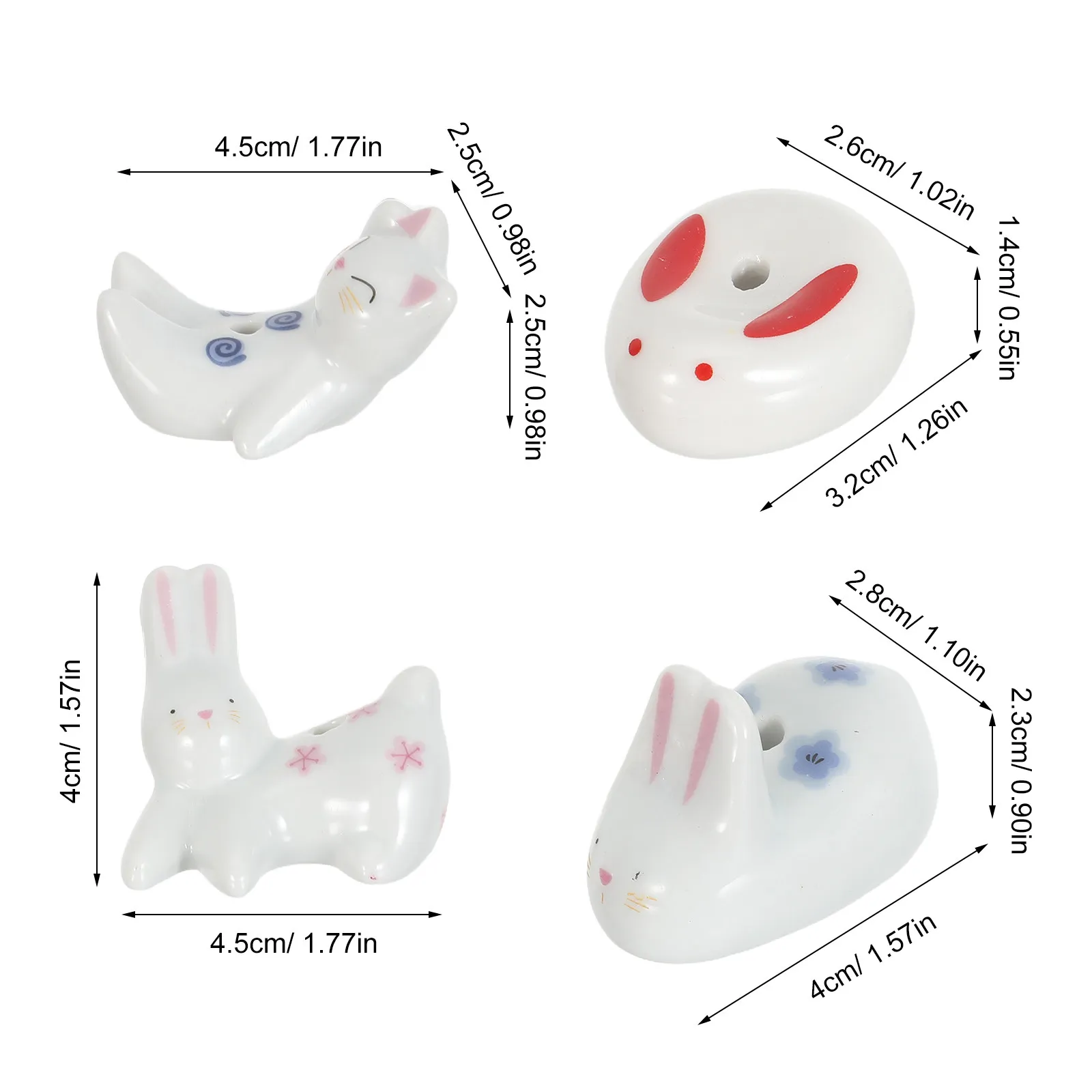 4pcs Ceramic Incense Holder Set – Rabbit & Cat Animal Shape Mini Desktop Ornament for Home, Office, Meditation, Spa