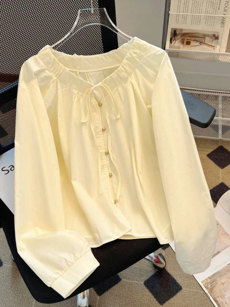 

Женский длинный плиссированный пояс Sve irt V-Ne, весенне-осенний корейский топ свободного покроя с узлом на пуговицах