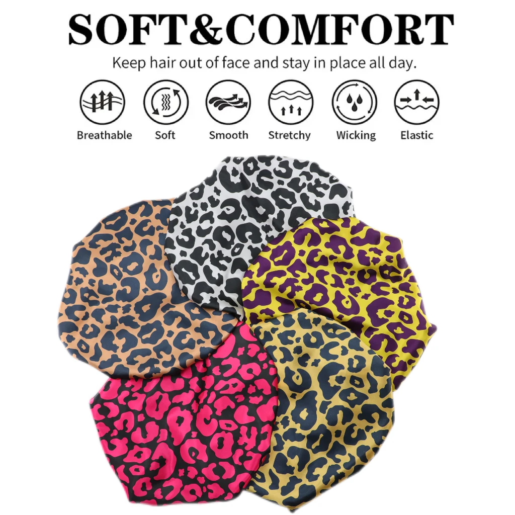 1 pcs Ladies' Elastic Wide-Brim bonnet Leopard Print Comfortable Sleep Hat for Women