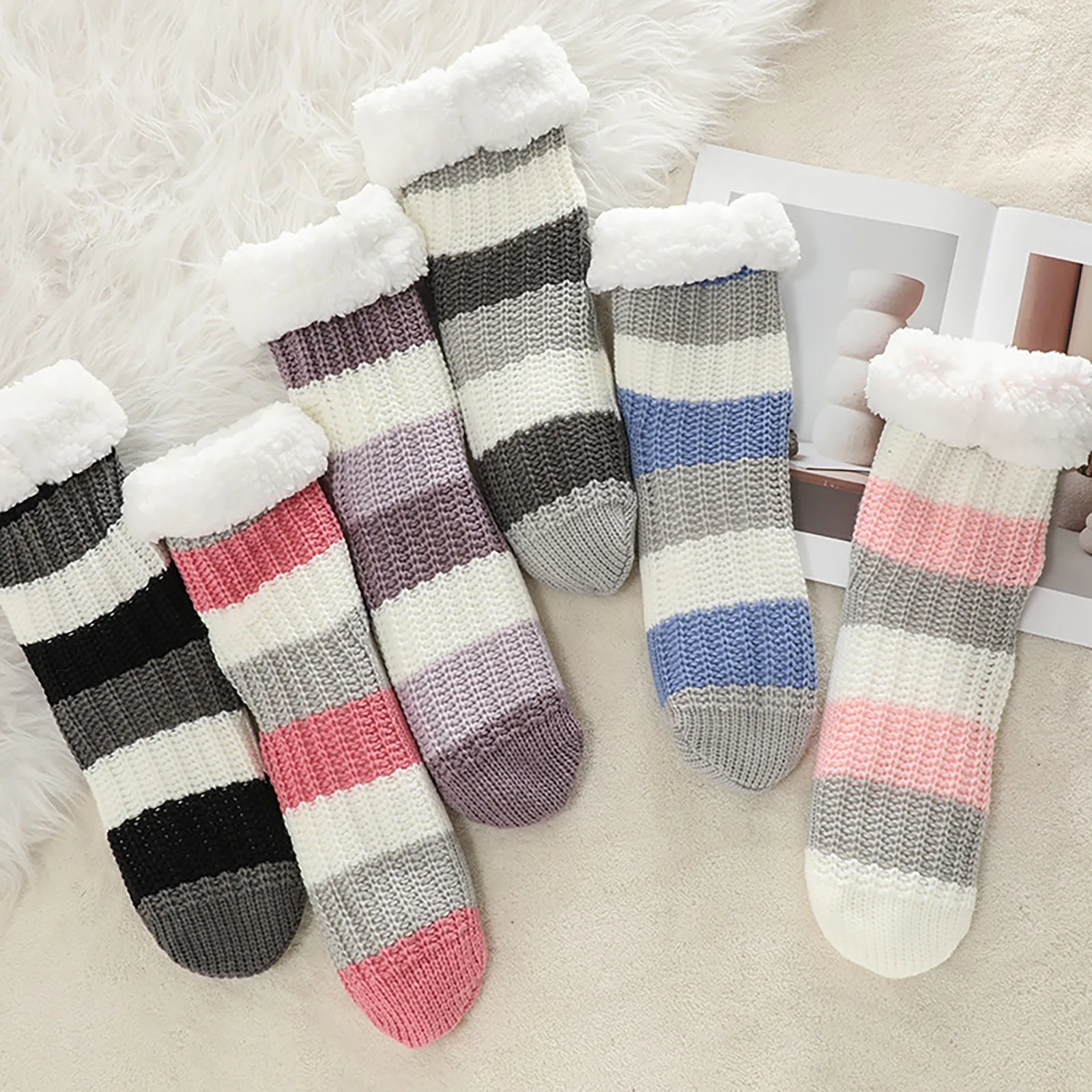 Women Thermal Fluffy Sock Winter Warm Plush Non Slip Home Sleeping Soft Female Floor Grip Fuzzy Thermal Slipper Snowflake Sock