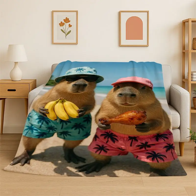 Kawaii Lazy Capybara Cartoon Flannel Blanket Soft Throw Blanket for Bedroom Living Room Bed Travel Camping Picnic Nap Cover Gift