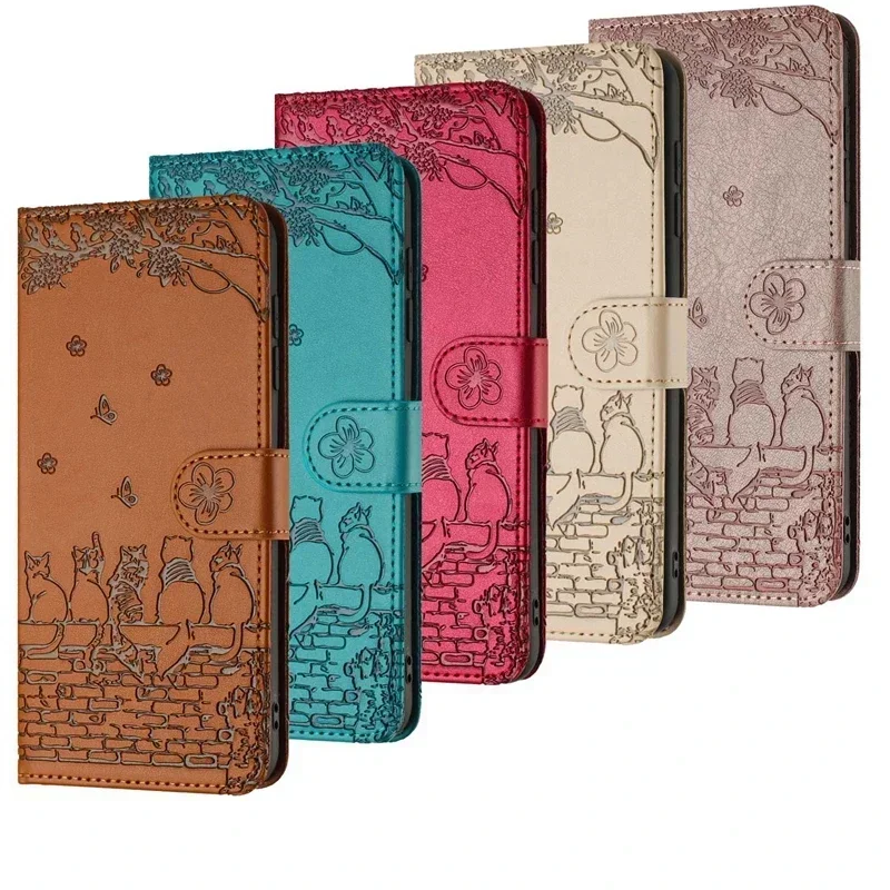 Wallet Cat Embossed Flip Over Leather Case For Samsung Galaxy S25 Ultra S24 Plus S23 S22 S21 S20 FE A06 A14 A15 A16 A35 A54 A55