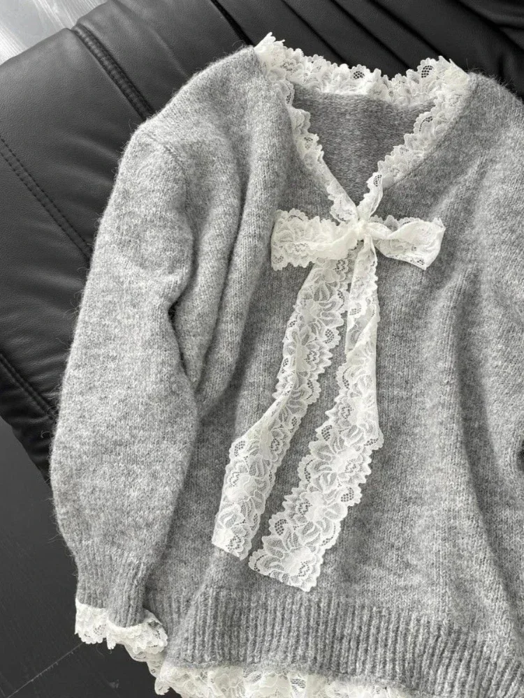 Y2K корейский вязаный пуловер с бантом, женский милый кружевной японский свитер, офисный женский осенне-зимний большой свитер Y2k, наряды
