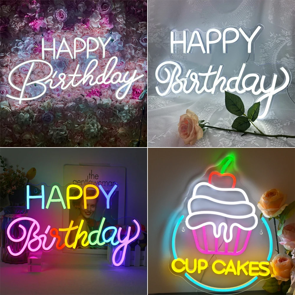 

Happy Birthday Neon Signs Led Light Up Signs For Birthday Party Backdrop Lamps Art USB Powered Bedroom Decoration Cake Shop Logo