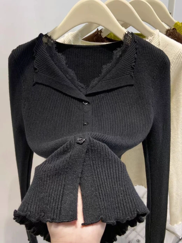 패션 슬림 긴팔 싱글 브레스티드 가디건 여성 니트 스웨터 가을 겨울 캐주얼 레이스 스플라이스 브이넥 여성 스웨터