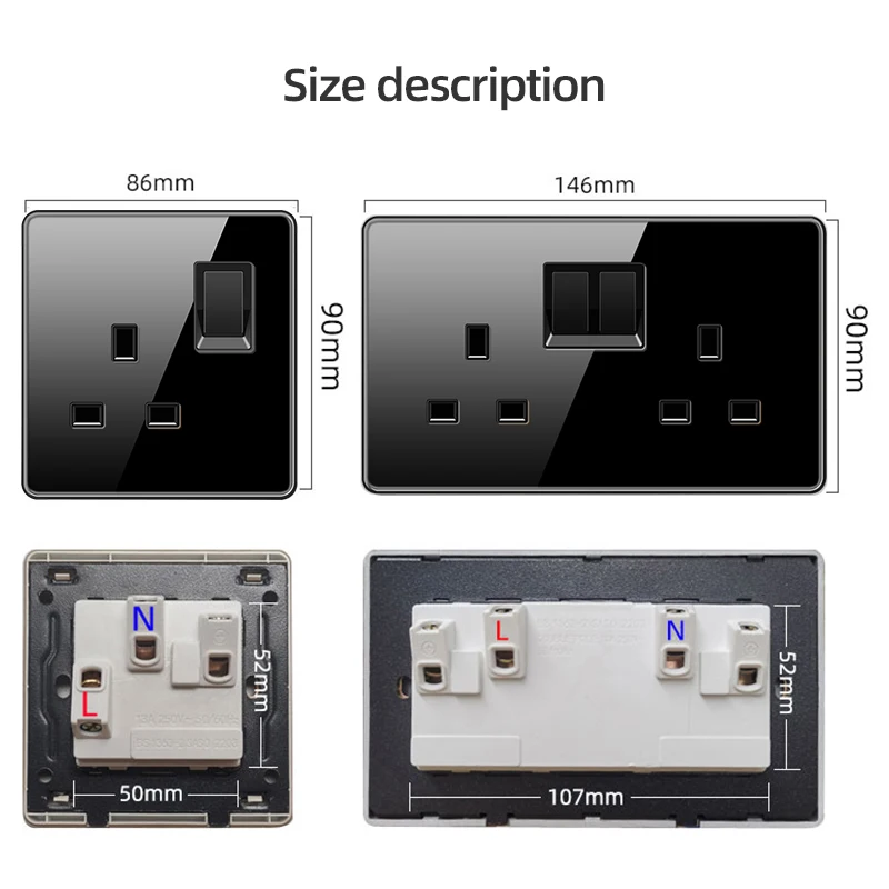 G19 UN UK EU Standard Wall Light Switch Power Socket Type-C Outlet Black Full Tempered Glass Panel TV TEL Computer USB Socket