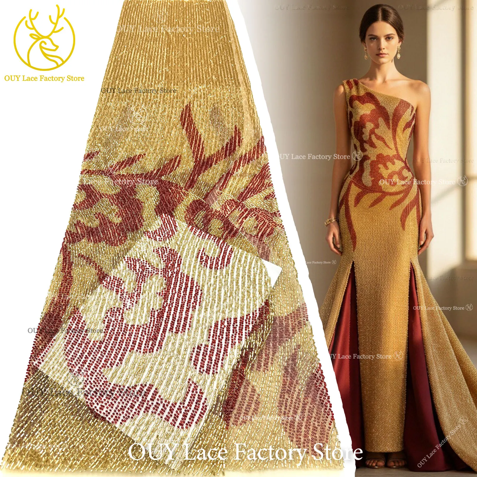

Gold High-End Luxury African Groom Beaded Lace Fabric 2026 High Quality French Sequins Tulle Lace Fabric For Women Party Dress