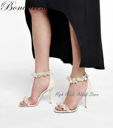 Stain Embellished Pearl Leather Sandals Women's Designer Shoes Nude Heels for Wedding Sandals Stiletto Heels Summer 2022 New