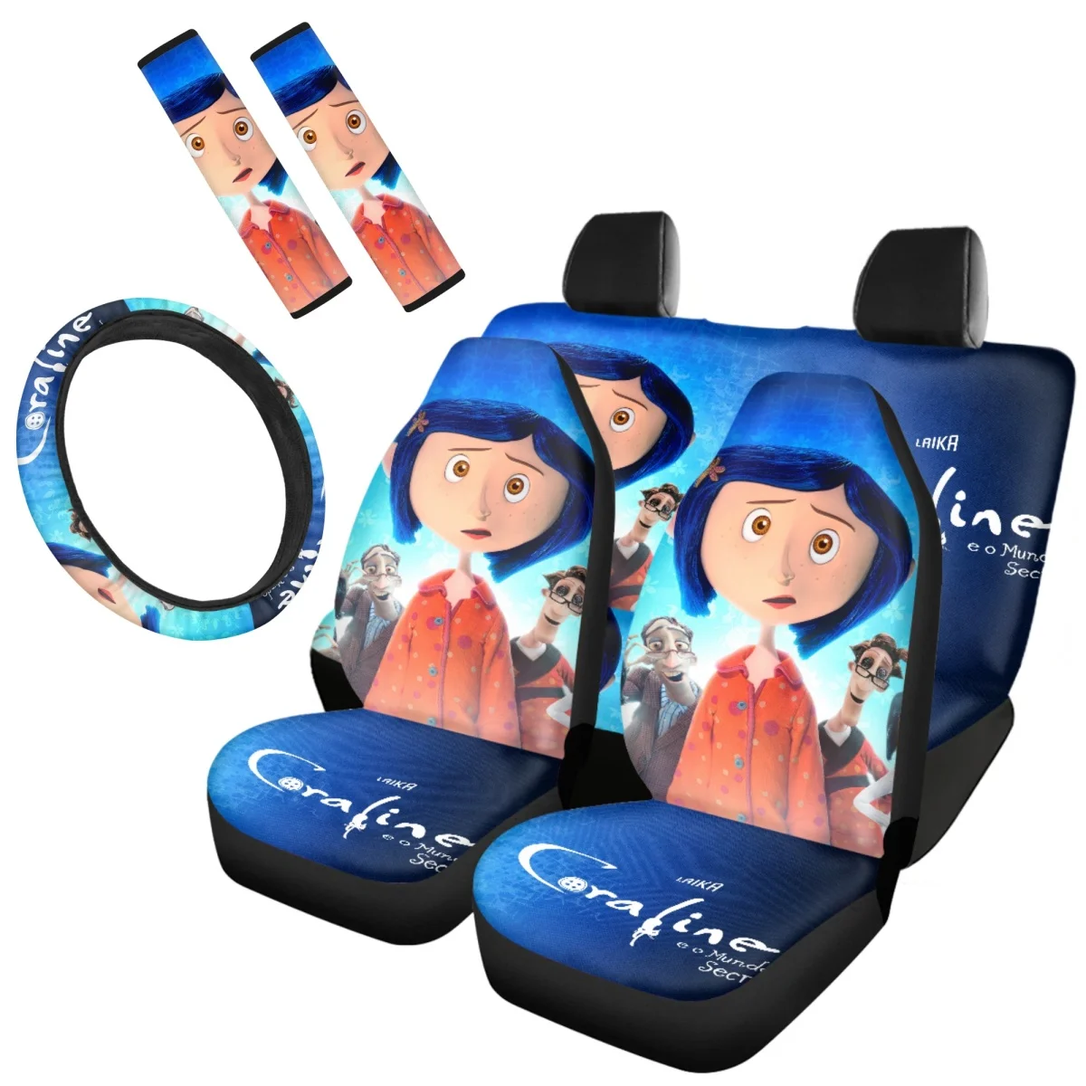 

Coraline The Secret Door Printing Car Seat Covers Comfortable Auto Seat Belt Pads Cover Easy Clean Steering Wheel Cover Full Set