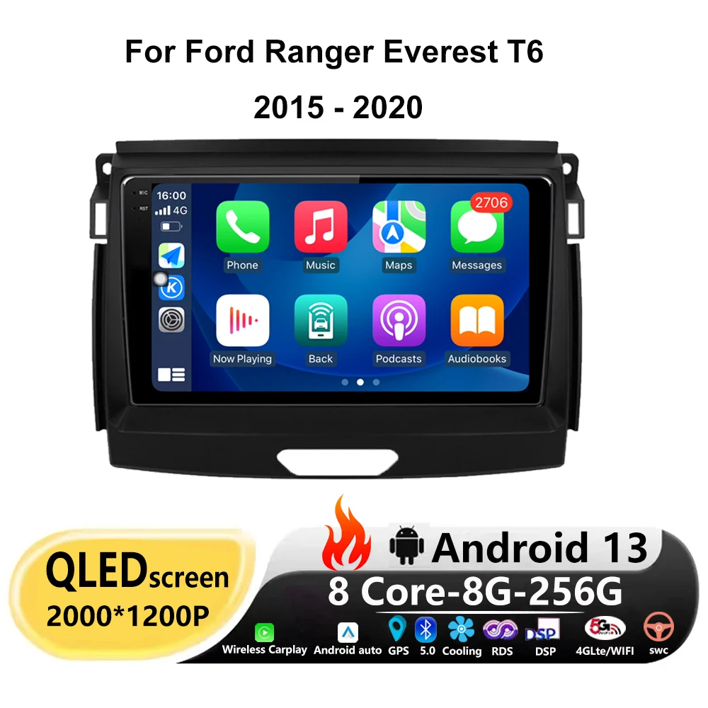 

9" Android 13 Navigation GPS Car Radio Video Multimedia Player For Ford Ranger Everest T6 2015 - 2020 Autoradio Carplay DSP