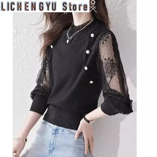 

Lace Knitted Bottoming Shirt for Women Loose and Chic with a Western Style Slimming Top