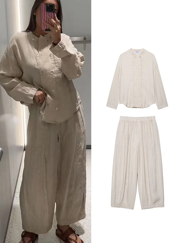 

TFMLN женский шикарный широкий брючный костюм, двубортная рубашка + модные свободные длинные брюки с высокой талией и эластичной резинкой на талии, повседневная женская одежда