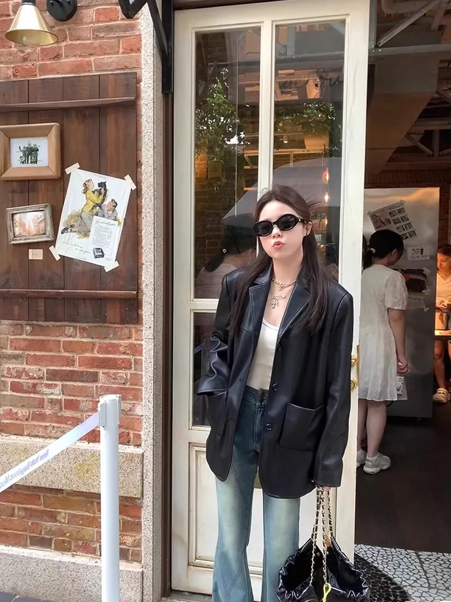 

Ретро-куртка-косуха из искусственной кожи для женщин, весенне-осенняя, новинка, уличный стиль, маленький размер