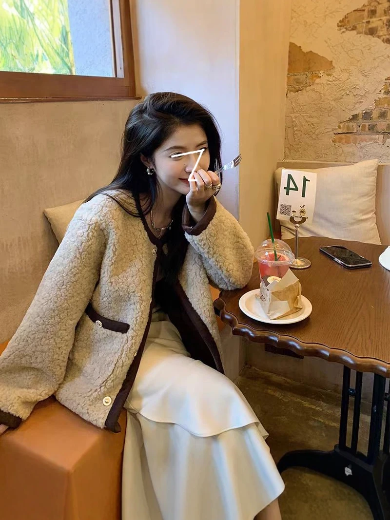 

Lamb Fur ort Jaet Women's Autumn Winter New Sle Korean Version Color Blo Warm Inteated Jaet Top Thiened Long Sl...