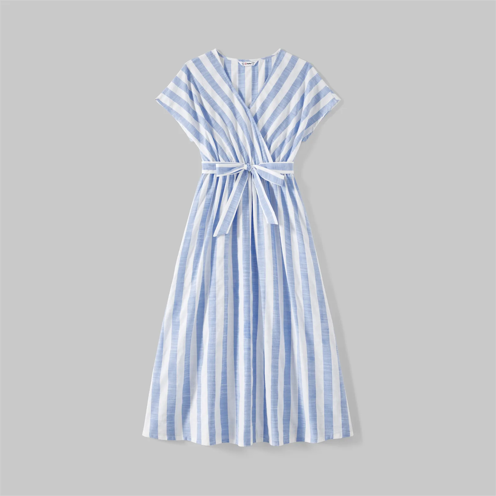 PatPat Family Matching Outfits Cotton Short-sleeve Spliced Tee and Striped Surplice Neck Short-sleeve Belted Dresses Sets