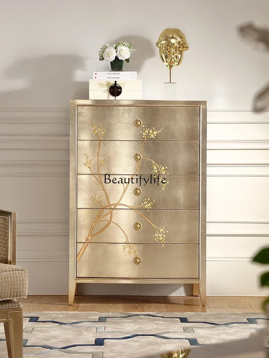 

French Entry ux Solid Wood Painted Chest of Drawers European Style Champagne Silver Foil Bedroom Drawer Decorative ocker