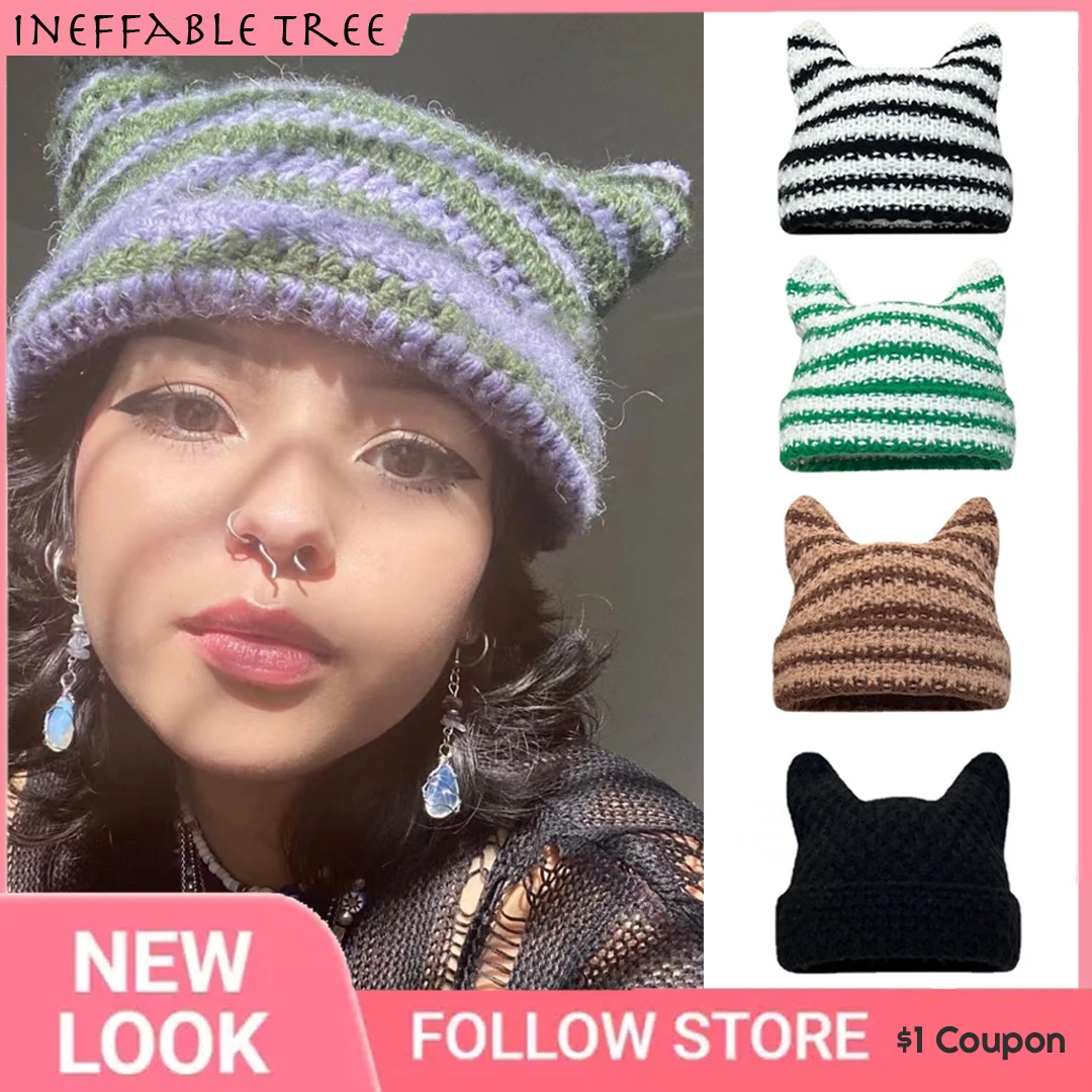 Y2K Harajuku Punk Gothic Knitted Cat Ear Little Devil Hat Millennium Women Kawaii Designer Winter Handmade Beanie Female Caps