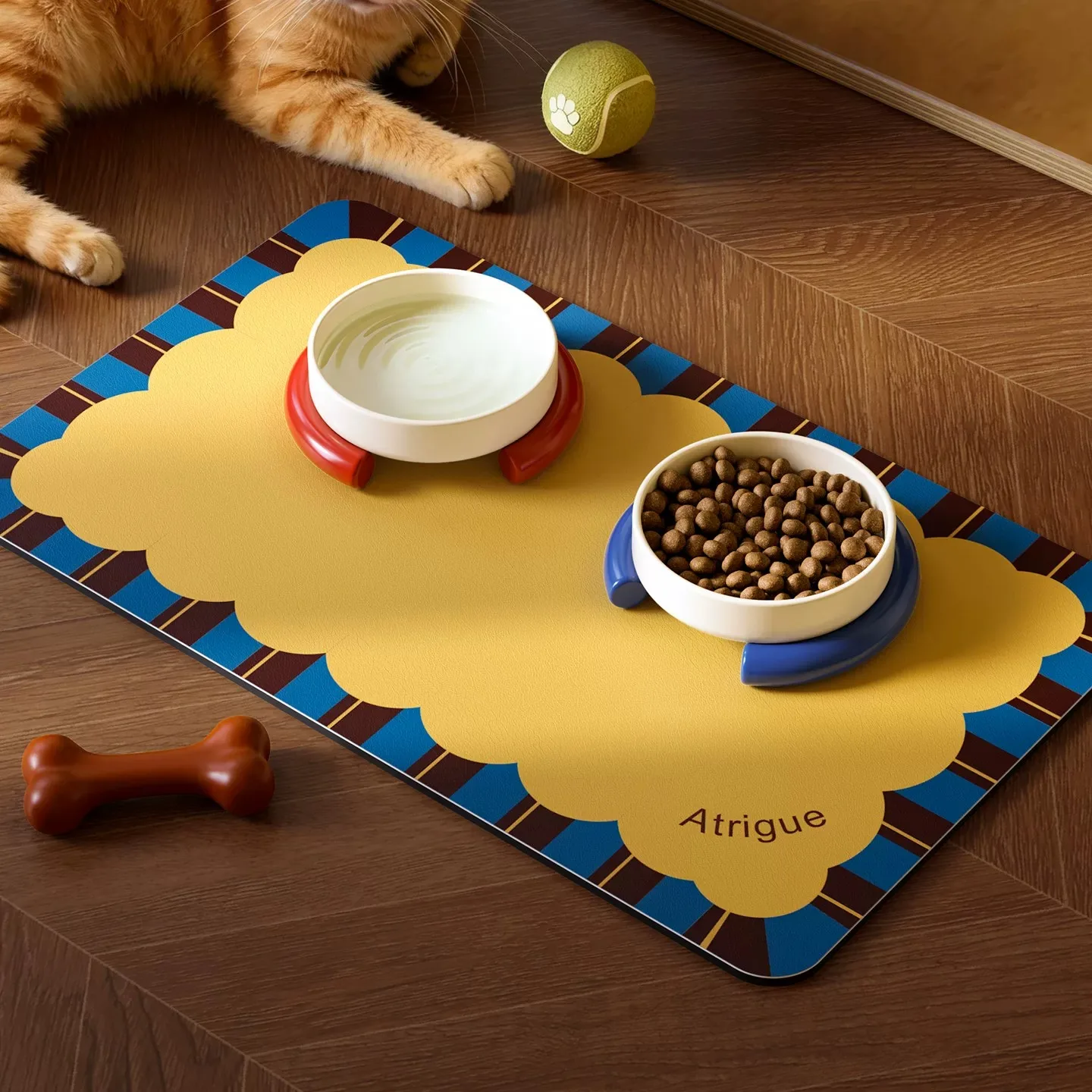 Minimalist Solid Color Pet Feeding Mat with Striped Border Waterproof Leather Dog Cat Food Bowl Placemat Floor Protector