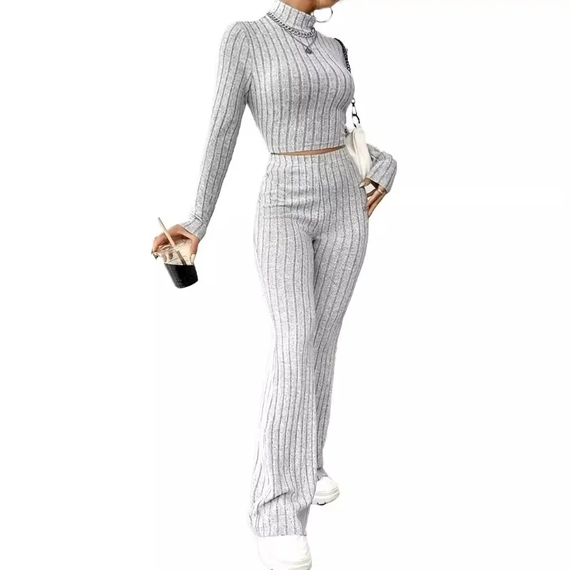 A New Two-piece Knitted Long-sleeved Suit Loose High-waisted Trousers for Cross-border Trade Women's Clothing Europe and America